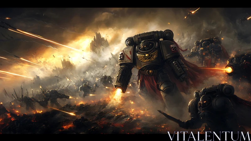 Armored sci fi soldiers advancing through burning battlefield.