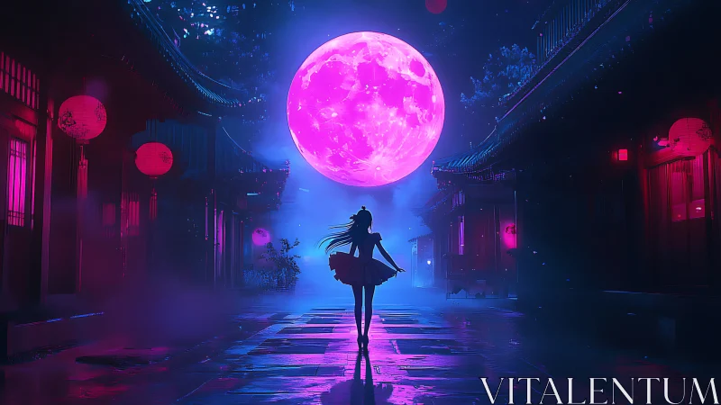 Neon moonrise over quiet street and lone dreamer.