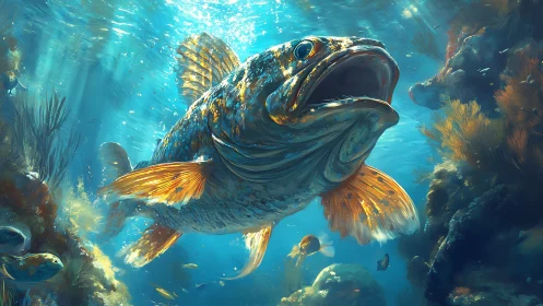Giant sunlit fish charges through glowing coral reef waters.