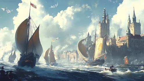 Storm-kissed galleons approach a sunlit cliffside kingdom.