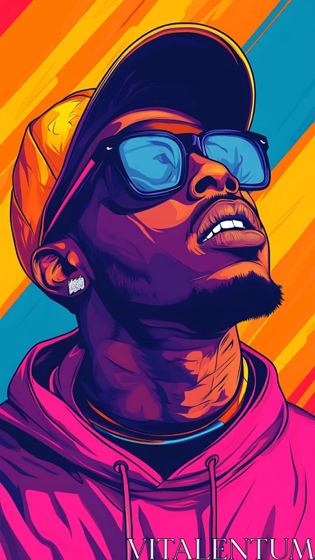 Stylized portrait of man in cap and hoodie on color stripes.