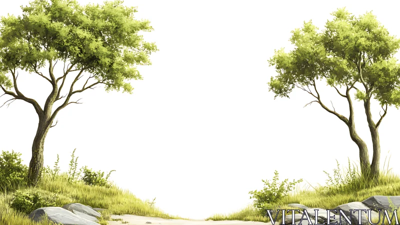 Peaceful Nature Scene with Two Trees and Rocks, Digital Art.