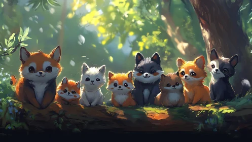 Row of cute fox and raccoon pups on sunlit forest log.