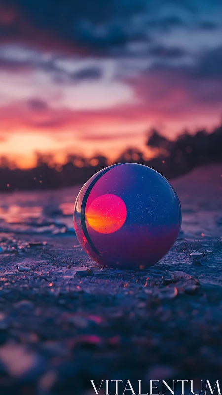 Digital painting of reflective sphere at neon dusk shoreline.