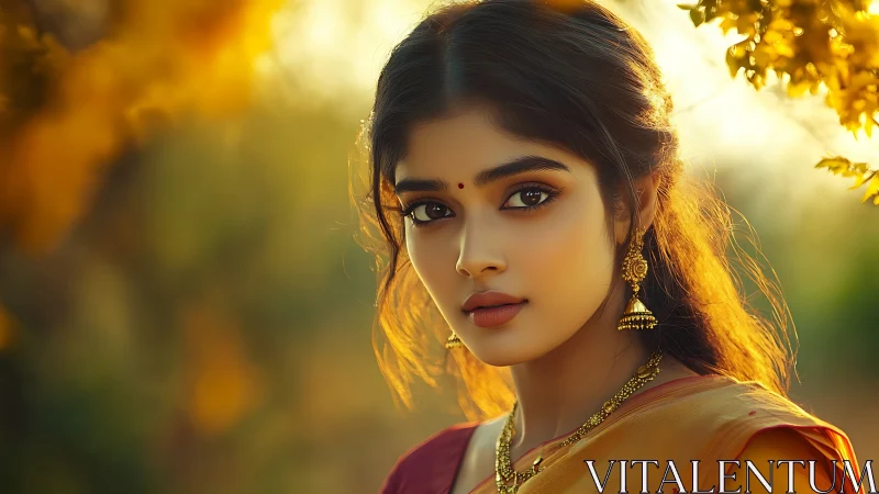 Elegant Indian Woman in Traditional Saree, Golden Hour Portrait.