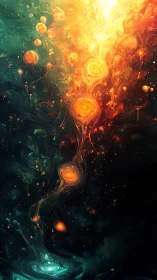 Fiery cosmic stream swirling through dark teal space.