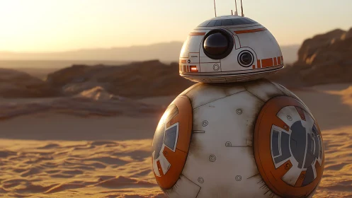 Spherical droid stands on sunlit desert sand at sunset