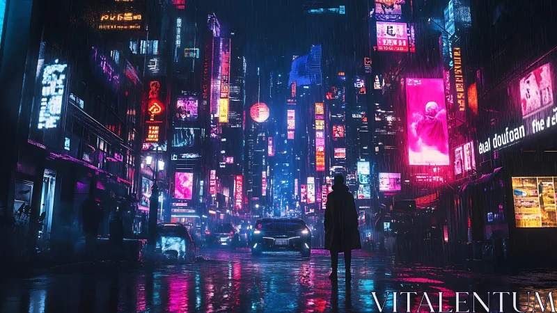 Rain-soaked neon megacity street with lone silhouetted figure