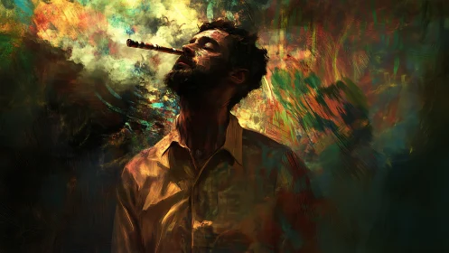 Male figure smoking in dense abstract color field background.