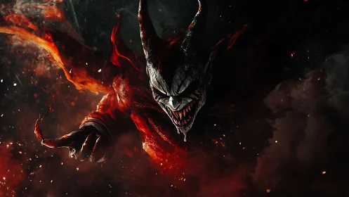 Infernal horned demon emerging through cinematic hellfire