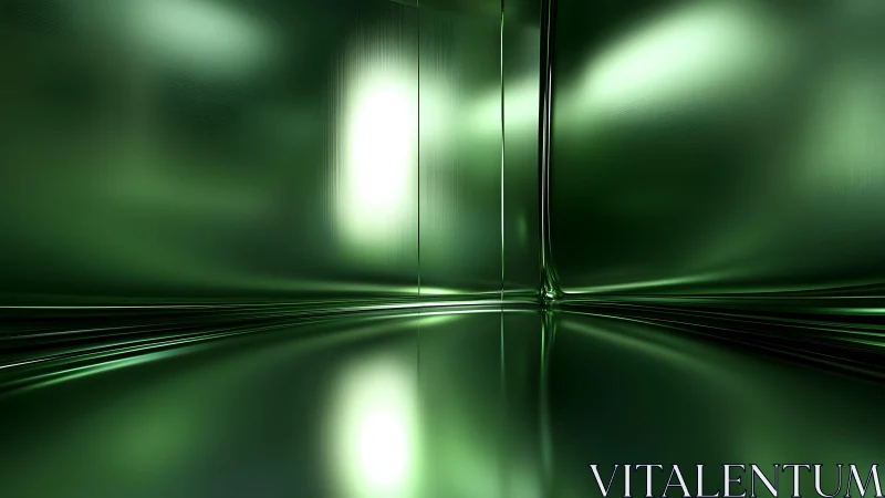 Futuristic Green Metallic Room with Reflective Surfaces, Digital Art.