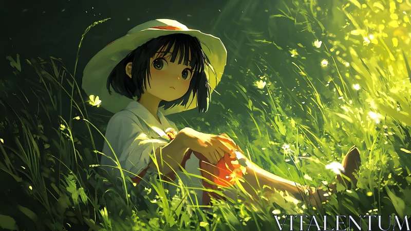 Backlit meadow repose with anime girl under diffuse sunlight.