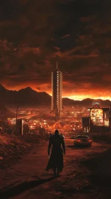 Lone armored figure approaches neon-lit dystopian city