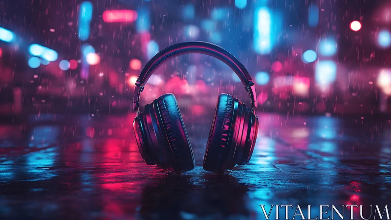 Headphones on wet city street under neon rain at night.