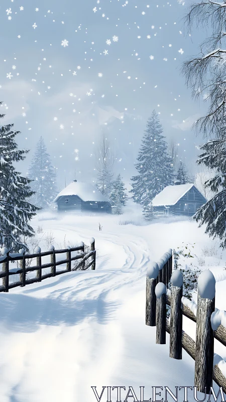 Snow-covered rural path with wooden fence and cabins.
