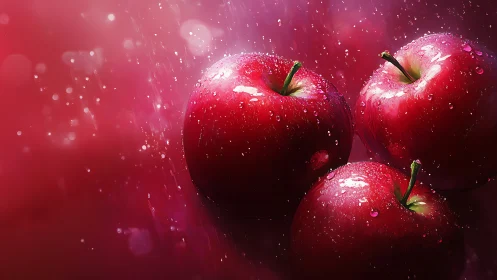 Four red apples with water droplets sit in a vivid splash