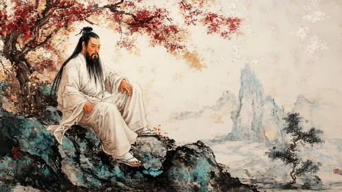 Mountain poet pauses beneath crimson leaves to weigh silence