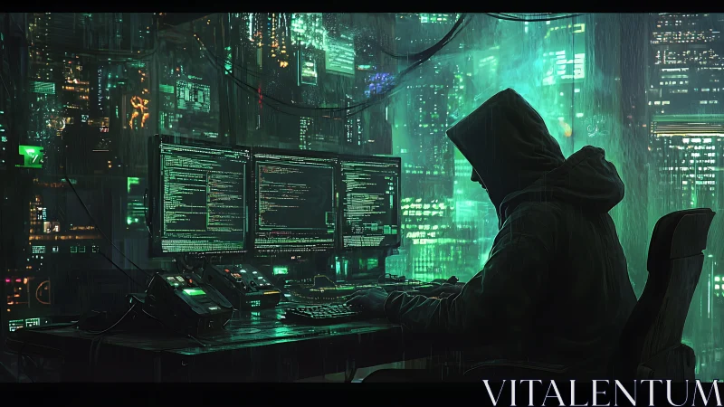 Hooded computer user programs at multi monitor desk in rain