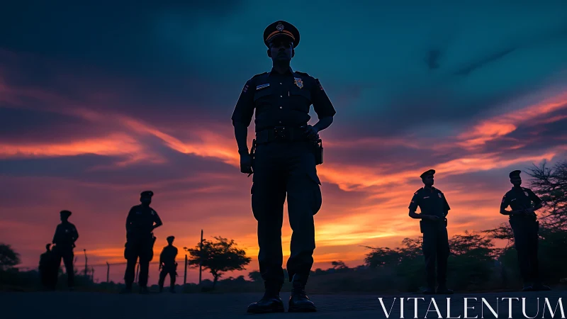 Silhouetted security officers dominate a vivid dusk horizon
