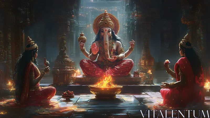 Divine elephant-headed deity in temple fire ritual scene.