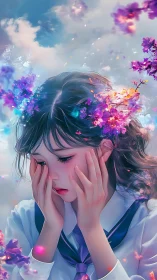 Melancholic schoolgirl with surreal blooming flowers crown.