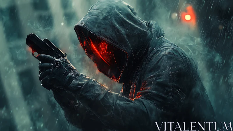 Hooded cyberpunk gunman with red visor in heavy rain.