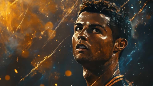 Digital portrait of male athlete amid glowing abstract sparks