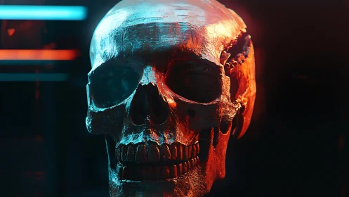 Human skull rendered in red and blue directional lighting.