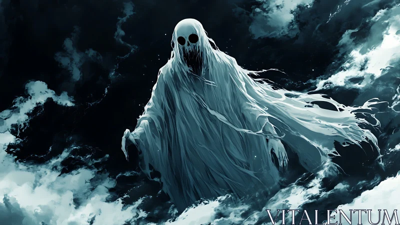 Shrouded spectral figure emerging within turbulent clouds.