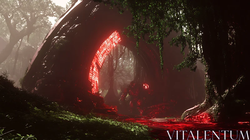 Ancient jungle gateway lit by ominous red energy portal.