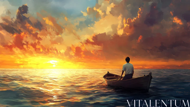 Solitary dreamer rows toward molten horizon of painted sky