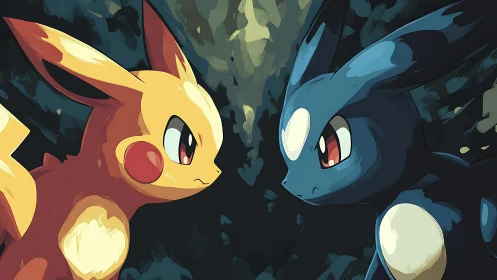 Twin elemental creatures facing off in stylized forest scene.