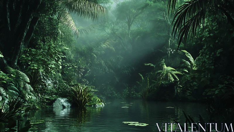 Misty tropical waterway bordered by dense vegetation and palm trees