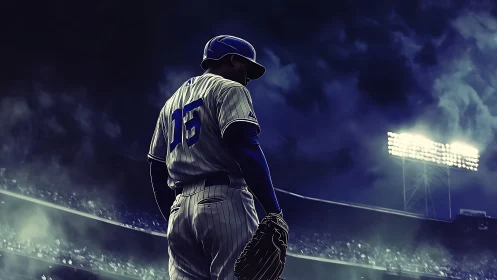 Under stadium lights, lone pitcher framed in stormy night.