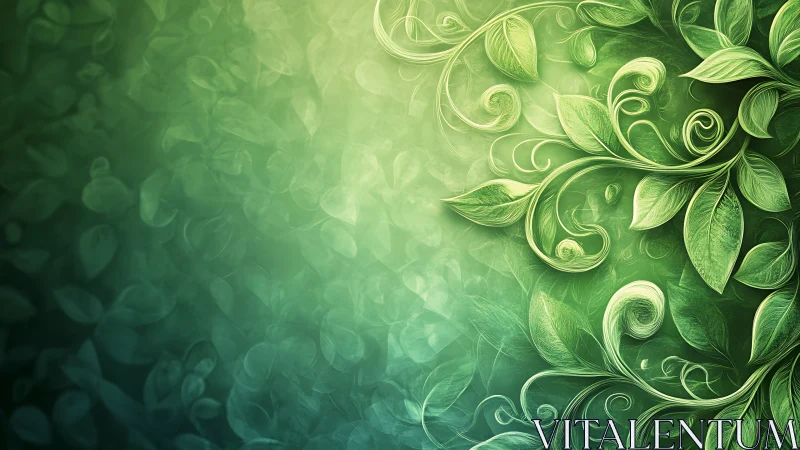 Green abstract foliage swirl on softly blurred background.