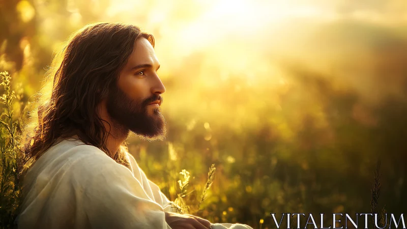 Backlit robed figure in meadow under volumetric sunrise glow.