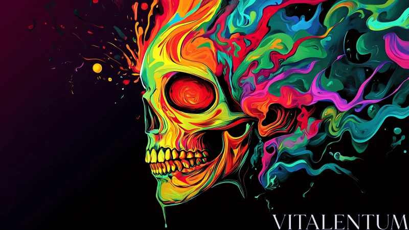 Neon skull drifting through wild rivers of liquid color.