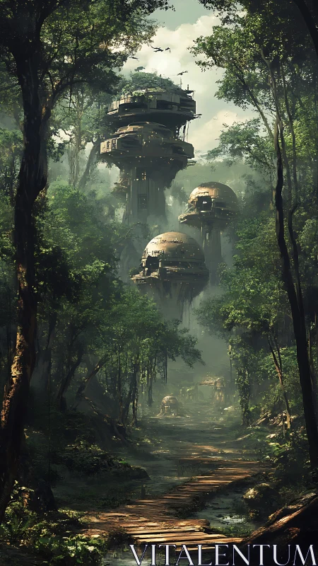 Vertical jungle habitat with elevated sci-fi forest platforms.
