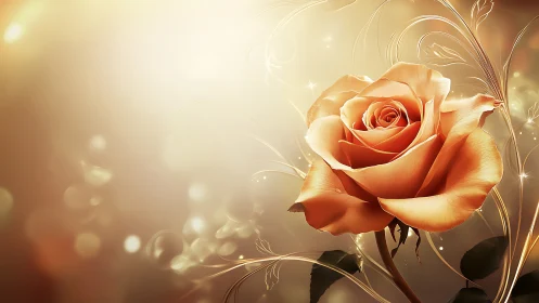 Orange rose with decorative flourishes and light effects against warm gradient background.