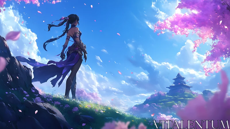 Warrior gazes toward distant sakura temple beneath clouds.