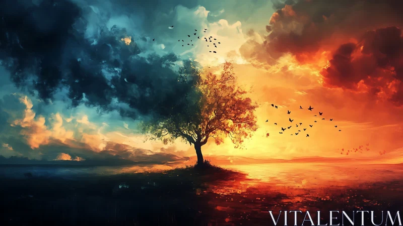 Surreal tree in dramatic sunset and stormy sky digital art.