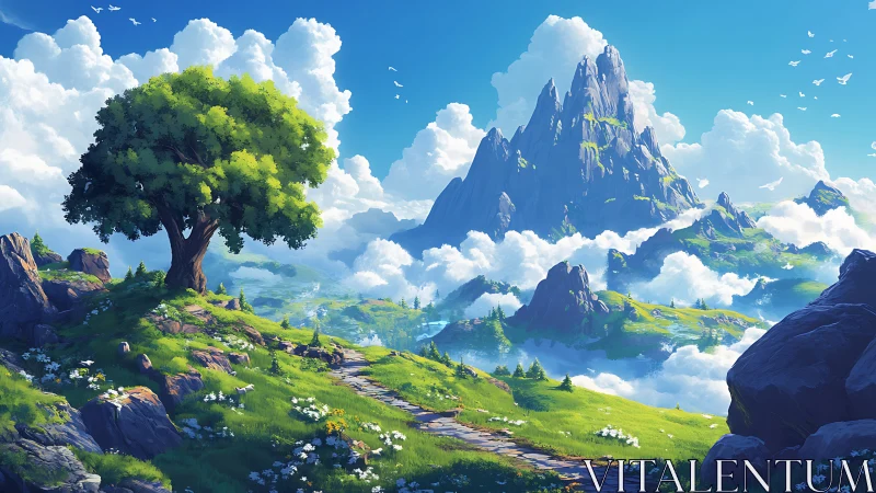Sunlit mountain path winds through serene fantasy valley