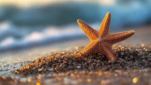 Starfish on wet shoreline with waves in soft background.