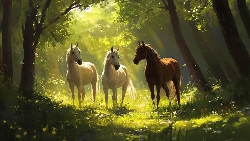 Forest sunspill crowns three horses in quiet woodland council.
