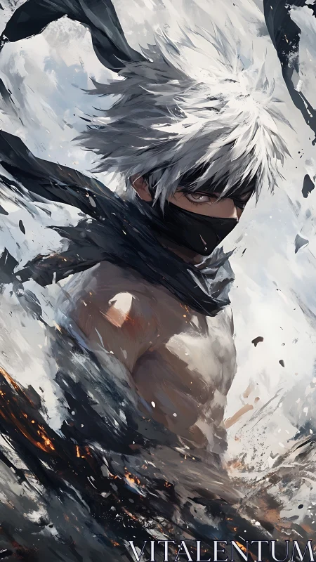 Storm-eyed masked warrior rising through swirling embers.