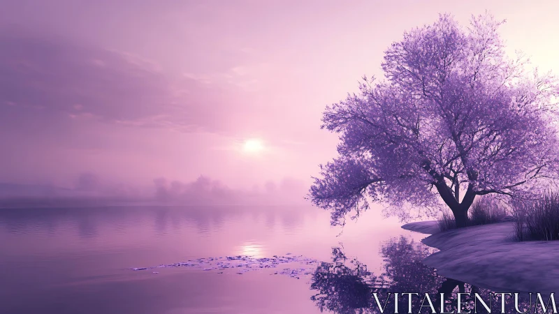 Lavender dawn hush over reflective lake and dreaming tree.