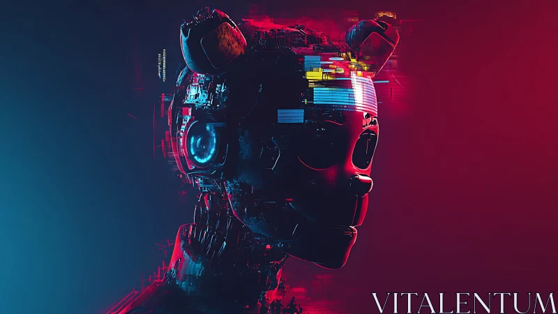 Neon cybernetic bear head glows in split blue red void.