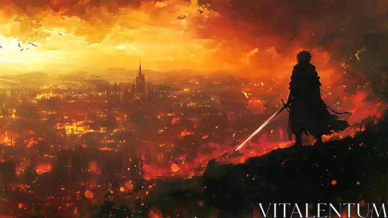 Silhouetted Warrior Overlooking Burning Apocalyptic Cityscape