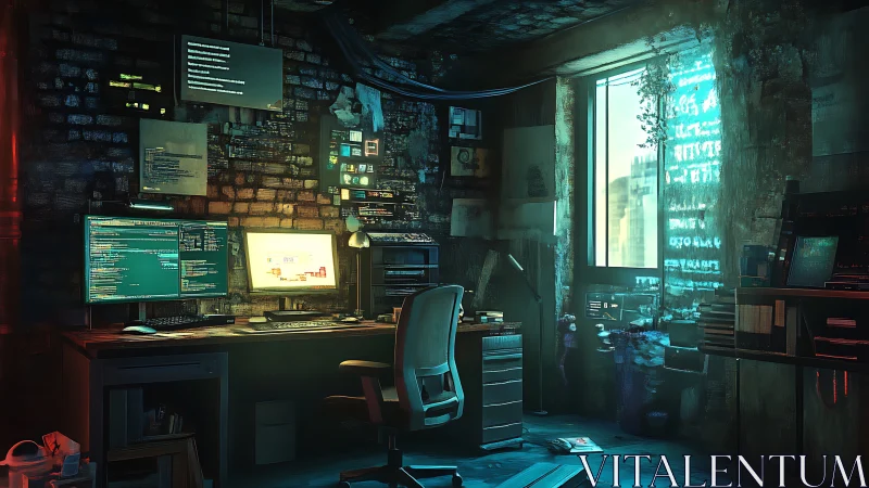 Cyberpunk hacker workspace rendered in moody teal neon light