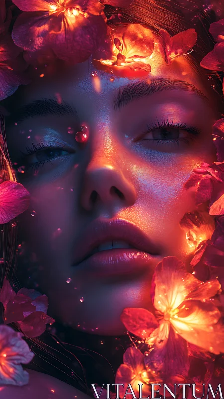 Luminous portrait merges glowing petals with wet skin.